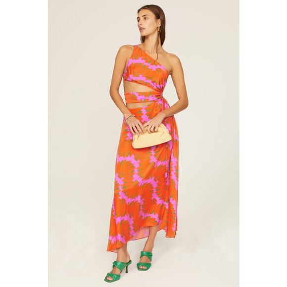 FARM RIO Orange Pink One Shoulder Ruched Waist Tie Copacabana A-Line Dress S - Picture 2 of 16